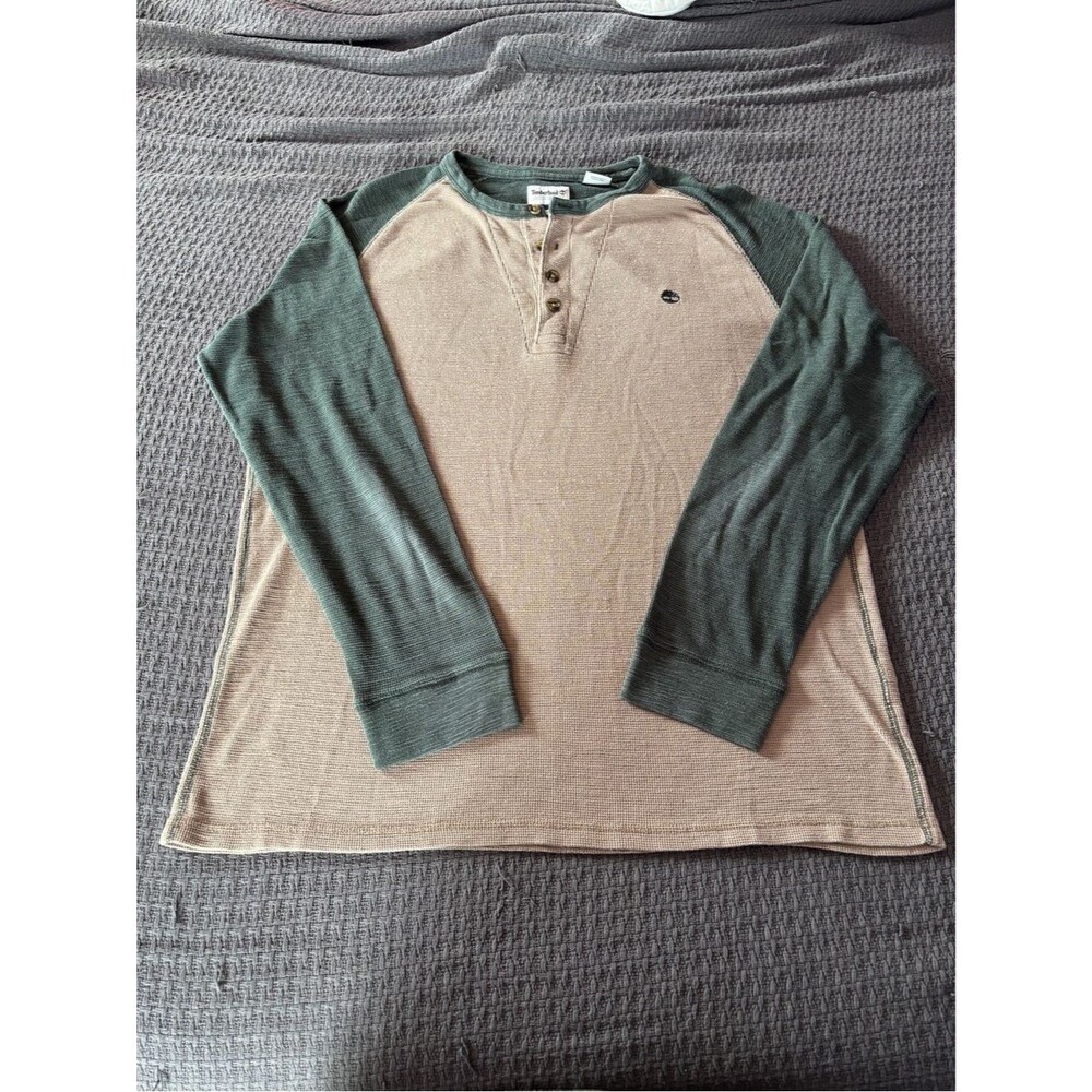 Timberland Beige & Green Waffle Henley Long Sleeve Thermal Cotton Slim Fit Shirt